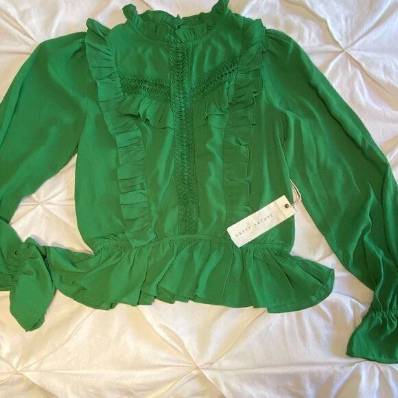 NWT Kelly Green Victorian Boho Ruffle Recycled Polyester Blouse - Picture 12 of 15